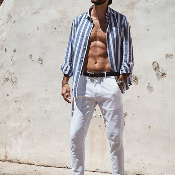 New European and American men's casual comfortable lapel striped beach print long-sleeved shirt