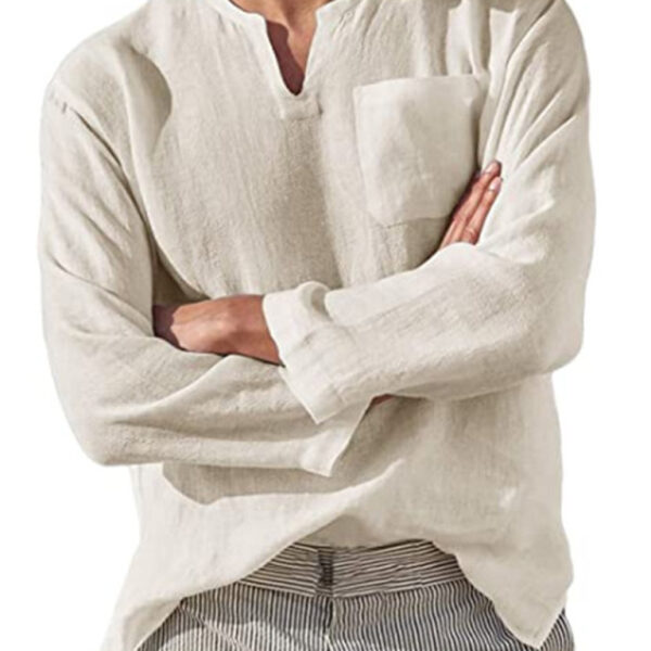 Men's Long Sleeve V Neck Casual Beach Linen Shirt